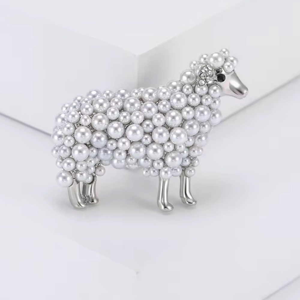 Vintage Pearl Sheep Gray Silver Brooch - Picture 1 of 14